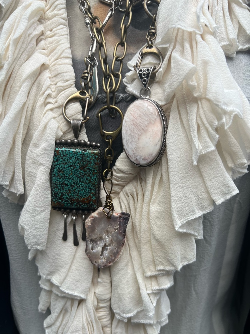 Druzy Crystal Agate Slice Pendant on Bronze/Brass Chain